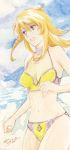  1girl 2016 :d anchor_print bikini blonde_hair breasts cleavage cowboy_shot dated floating_hair hair_between_eyes long_hair medium_breasts mori_yuki navel open_mouth print_bikini shiny shiny_hair signature sketch smile solo swimsuit traditional_media uchuu_senkan_yamato uchuu_senkan_yamato_2199 violet_eyes watercolor_(medium) yellow_bikini yokon2199 