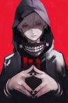  1boy 55level black_hoodie black_nails commentary fingers_together heterochromia highres hood hood_up kaneki_ken looking_at_viewer mask mask_removed nail_polish pale_skin red_background red_eyes short_hair simple_background solo tokyo_ghoul white_hair 