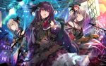  3girls ahoge artoria_pendragon_(all) bangs bass_guitar black_dress blurry blurry_background breasts choker confetti dress elbow_goves electric_guitar eyebrows_visible_through_hair fate/grand_order fate_(series) feather_boa flower glint gloves guitar hair_between_eyes hair_flower hair_ornament hair_ribbon hand_up hirai_yuzuki holding holding_instrument holding_microphone instrument jeanne_d&#039;arc_(alter)_(fate) jeanne_d&#039;arc_(fate)_(all) large_breasts layered_dress long_hair looking_at_viewer medium_breasts microphone multicolored multicolored_clothes multicolored_dress multiple_girls music open_mouth pinky_out purple_gloves purple_hair red_eyes ribbon ruby_(gemstone) saber_alter scathach_(fate)_(all) scathach_(fate/grand_order) sidelocks signature silver_hair singing stage stage_lights tied_hair tsurime very_long_hair yellow_eyes 
