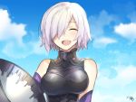  1girl bare_shoulders blue_sky blush bodysuit breasts closed_eyes clouds elbow_gloves fate/grand_order fate_(series) gloves hair_over_one_eye large_breasts mash_kyrielight nikame purple_hair short_hair sky smile solo 