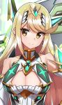  1girl bangs blonde_hair breasts cleavage cleavage_cutout commentary_request earrings elbow_gloves gem gloves glowing grey_background hair_ornament headpiece highres mythra_(xenoblade) holding holding_sword holding_weapon jewelry large_breasts long_hair looking_at_viewer nakazou2000 nintendo simple_background smile solo swept_bangs sword tiara upper_body very_long_hair weapon xenoblade_(series) xenoblade_2 yellow_eyes 