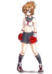  1girl adapted_uniform boxing_gloves brown_hair folded_ponytail gloves inazuma_(kantai_collection) kantai_collection midriff navel rigid rigidsteed shoes short_hair sneakers socks solo sports_bra stomach tank_top toned 