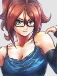  1girl alternate_hairstyle android_21 bangs bare_shoulders black-framed_eyewear blue_eyes breasts cleavage collarbone curly_hair detached_sleeves dragon_ball dragon_ball_fighterz glasses looking_at_viewer medium_breasts messy_hair redhead smile solo st62svnexilf2p9 tank_top tied_hair 