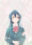  1girl bangs blazer blue_hair blush bow bowtie commentary crying crying_with_eyes_open eyebrows_visible_through_hair hair_between_eyes hands_together highres jacket long_hair long_sleeves looking_at_viewer love_live! love_live!_school_idol_project otonokizaka_school_uniform petals red_neckwear school_uniform solo sonoda_umi striped striped_neckwear suito tears yellow_eyes 