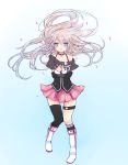  1girl :d ahoge asymmetrical_legwear black_choker blue_background blue_eyes boots choker crop_top eyebrows_visible_through_hair floating_hair full_body gradient gradient_background grey_shirt hair_between_eyes hands_together happy highres ia_(vocaloid) knee_boots kneehighs knees_together_feet_apart long_hair long_sleeves looking_at_viewer open_mouth petals pink_skirt pleated_skirt shirt short_over_long_sleeves short_sleeves silver_hair single_kneehigh single_thighhigh sio_pure skirt smile solo spaghetti_strap standing string_choker thigh-highs thigh_strap very_long_hair vocaloid white_legwear 