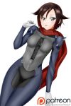  1girl :p alfred_cullado asymmetrical_hair blue_bodysuit blush bodysuit breasts brown_hair corset cosplay dutch_angle gloves gradient_hair grey_eyes hair_between_eyes highres long_sleeves looking_at_viewer medium_breasts multicolored_hair niijima_makoto niijima_makoto_(cosplay) patreon_logo persona persona_5 redhead ruby_rose rwby short_hair simple_background solo standing tongue tongue_out two-tone_hair watermark white_background white_gloves 