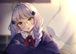  1girl ahoge bangs blunt_bangs blurry blurry_background blush braid casual collared_shirt curtains eyebrows_visible_through_hair facial_mark girls_frontline glasses green_eyes hair_ornament head_tilt hk416_(girls_frontline) indoors kodama_(koda_mat) long_hair looking_at_viewer open_mouth purple_sweater round_eyewear shirt silver_hair sitting solo sweater teardrop twin_braids white_shirt wind 