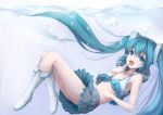  1girl :d bikini blue_bikini blue_eyes blue_hair boots breasts bubble cleavage eyebrows_visible_through_hair finger_to_mouth floating_hair from_side full_body grey_skirt hair_between_eyes hatsune_miku index_finger_raised knee_boots kuronosu_(yamada1230) layered_skirt long_hair miniskirt open_mouth pleated_skirt skirt sleeves small_breasts smile solo striped_bikini_top swimsuit twintails very_long_hair vocaloid white_footwear 