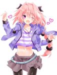  1boy :d astolfo_(fate) bangs black_bow black_legwear black_scrunchie black_skirt blush bow braid commentary_request eyebrows_visible_through_hair fang fate/apocrypha fate/grand_order fate_(series) hair_between_eyes hair_bow hair_intakes hair_ornament hair_scrunchie jacket lieco long_hair long_sleeves looking_at_viewer male_focus multicolored_hair navel one_eye_closed open_mouth otoko_no_ko pantyhose pink_hair purple_jacket scrunchie shirt single_braid skirt smile solo streaked_hair striped striped_shirt violet_eyes 