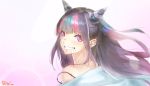  1girl black_hair chin_piercing dangan_ronpa ear_piercing earrings eyebrows_visible_through_hair floating_hair from_side grin highlights highres jewelry long_hair looking_at_viewer mioda_69ch mioda_ibuki multicolored_hair off_shoulder piercing pink_eyes portrait shiny shiny_hair shiny_skin signature smile solo super_dangan_ronpa_2 tied_hair white_background 