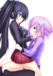  2girls black_hair blazer blush bow breasts commentary couple d-pad d-pad_hair_ornament eye_contact hair_ornament hand_on_another&#039;s_face highres hug jacket large_breasts long_hair looking_at_another multiple_girls neptune_(neptune_series) neptune_(series) no_shoes noire purple_hair red_eyes school_uniform short_hair simple_background sitting sitting_on_lap sitting_on_person skirt smile socks taked thighs twintails very_long_hair violet_eyes white_background yuri 