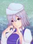  1girl bangs eyebrows_visible_through_hair hair_between_eyes lavander_hair letty_whiterock long_sleeves looking_at_viewer smiling snow solo touhou vest violet_eyes 