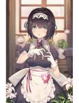  1girl bench black_hair blush breasts closed_mouth eyebrows_visible_through_hair gloves green_eyes hair_ornament heart heart_hands highres indoors looking_at_viewer maid medium_breasts mole mole_under_eye original short_hair smile solo soya_(torga) standing tongue tongue_out trash_can white_gloves x_hair_ornament 