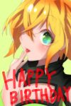  1girl :p akatsuki_kirika blonde_hair blush breasts cleavage commentary_request finger_to_mouth green_background green_eyes hair_between_eyes happy_birthday highres keen.c looking_at_viewer senki_zesshou_symphogear shiny shiny_hair shiny_skin short_hair simple_background solo standing tongue tongue_out upper_body 