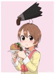  1girl aioi_yuuko animal animal_on_head bangs bird bird_on_head blush brown_eyes brown_hair closed_mouth eating eyebrows_visible_through_hair food food_on_face hair_between_eyes hamburger holding holding_food lettuce looking_at_viewer nichijou on_head school_uniform short_hair simple_background smile solo tokisadame_school_uniform tomato turbo_engine_(rakugaki_tabo) upper_body 