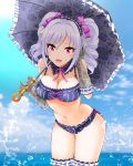  1girl :d adjusting_hair bikini black_bikini black_gloves blush breasts cleavage clouds commentary_request day drill_hair eva_16-gouki gloves grey_hair hair_ribbon hairband head_tilt highres holding holding_umbrella idolmaster idolmaster_cinderella_girls idolmaster_cinderella_girls_starlight_stage kanzaki_ranko large_breasts leaning_forward looking_at_viewer medium_hair navel open_mouth purple_ribbon red_eyes ribbon smile solo splashing sun swimsuit thigh_gap thigh_strap twin_drills twintails umbrella water 