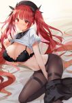  1girl azur_lane between_legs black_bra blush bow bow_bra bra breasts choker cleavage commentary commentary_request hair_ribbon hand_between_legs hat honolulu_(azur_lane) kurot lace lace-trimmed_bra lace_trim large_breasts lifted_by_self long_hair lying no_panties pantyhose red_eyes redhead ribbon school_uniform serafuku shirt_lift short_sleeves skirt skirt_around_one_leg solo sweat thighband_pantyhose twintails underwear very_long_hair 