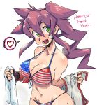  1girl :d american_flag_bikini bandage_on_face bikini black_bikini blush breasts cleavage coso-ri english_text fingerless_gloves flag_print gloves green_eyes hair_between_eyes heart large_breasts long_hair navel open_mouth original purple_hair shirt_removed side_ponytail simple_background smile solo spoken_heart strap_gap swimsuit towel umizakura_tachimi wet white_background 