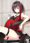  1girl armpits bang_dream! bangs bare_shoulders black_choker black_corset black_hair black_jacket black_shorts blush breasts cellphone choker commentary_request electric_guitar eyebrows_visible_through_hair guitar highres holding holding_phone instrument iphone jacket jacket_removed jewelry lips looking_at_phone medium_breasts mitake_ran multicolored_hair necklace phone plectrum red_eyes red_tank_top redhead short_hair shorts single_bare_shoulder single_thighhigh sitting smartphone smile solo streaked_hair tachiuki_(756412) tattoo thigh-highs thigh_strap torn_clothes 
