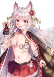  1girl :3 :d animal_ear_fluff animal_ears azur_lane bandage bandaged_arm bandages black_cloak blush breasts budget_sarashi cleavage cloak cocoasabure collar cowboy_shot dog_ears fang floating_hair flower flower_tattoo groin hair_flower hair_ornament hand_up highres hip_vent large_breasts long_hair looking_at_viewer miniskirt nail_polish navel open_mouth pleated_skirt red_eyes red_flower red_nails red_skirt sarashi shadow silver_hair skirt smile solo standing stomach tattoo thick_eyebrows very_long_hair white_background white_flower yuudachi_(azur_lane) 