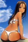  1girl absurdres arm_support ass bangs bikini blue_sky blurry blurry_background blush brown_eyes brown_hair closed_mouth clouds day depth_of_field eyebrows_visible_through_hair forehead hair_between_eyes highres light_frown long_hair looking_at_viewer looking_back matsunaga_kouyou nose_blush original outdoors parted_bangs sitting sky solo swimsuit tan white_bikini 