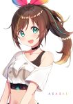  1girl :d a.i._channel absurdres aqua_eyes bare_shoulders black_choker black_shirt blush breasts brown_hair choker collarbone commentary_request crop_top hair_ornament highres kizuna_ai long_hair looking_at_viewer medium_breasts midriff multicolored_hair navel neginoki off-shoulder_shirt off_shoulder open_mouth ponytail shirt short_sleeves sidelocks simple_background smile solo song_name stomach streaked_hair tank_top undershirt upper_body white_background white_shirt 