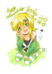  1girl akatsuki_kirika black_shirt blonde_hair blush breasts cleavage commentary_request cursive dated english_text full_body green_eyes green_hoodie hair_ornament happy_birthday highres hood hoodie kunyono_gia looking_at_viewer medium_breasts off_shoulder senki_zesshou_symphogear shiny shiny_hair shirt short_hair sitting smile solo striped striped_legwear tail tank_top v wariza x_hair_ornament 