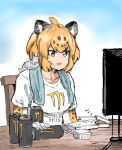  1girl animal_ears bangs can chair clothes_writing collarbone eyebrows_visible_through_hair jaguar_(kemono_friends) jaguar_ears jaguar_print jaguar_tail kemono_friends monitor monster_energy rice savanna_striped_giant_slug_(kemono_friends) shirt short_hair sketch slug solo survival_yaiba t-shirt tail white_shirt 