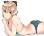  1girl ahoge black_bow black_panties blonde_hair bow breasts collarbone commentary_request eyebrows_visible_through_hair fate/grand_order fate_(series) hair_between_eyes hair_bow looking_at_viewer lying medium_breasts okita_souji_(fate) okita_souji_(fate)_(all) on_stomach oribe_(nopear) panties short_hair simple_background smile solo underwear white_background 