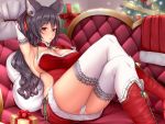  1girl animal_ears backless_outfit bell black_hair blush box breasts chair christmas christmas_tree cleavage commentary_request erune gift gift_box gloves granblue_fantasy ilsa_(granblue_fantasy) large_breasts long_hair meropan panties pantyshot ponytail red_eyes red_footwear red_gloves sack sitting solo thigh-highs underwear white_legwear white_panties 