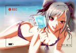  1girl bikini breasts cleavage collarbone commentary_request dated food graphite_(medium) grey_hair hair_ribbon idolmaster idolmaster_cinderella_girls kanzaki_ranko kou_(kadopara) lipstick looking_at_viewer lying makeup mechanical_pencil medium_hair ocean on_side pencil popsicle purple_bikini purple_ribbon recording red_eyes ribbon side-tie_bikini small_breasts smile solo swimsuit traditional_media twintails viewfinder 