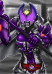 1girl armor belt breasts commentary english_commentary glowing glowing_eyes hammer helmet highres holding holding_hammer holding_weapon kamen_rider kamen_rider_dcd kamen_rider_kivala looking_at_viewer medium_breasts solo solo_focus violet_eyes weapon yuuyatails 