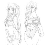  2girls ass blush braid commentary_request company_connection competition_swimsuit covered_navel covering covering_crotch crossover dress hair_ribbon hanasaku_iroha hiradaira_chisaki looking_at_viewer looking_back monochrome multiple_girls nagayori nagi_no_asukara one-piece_swimsuit oshimizu_nako p.a._works ribbon sailor_dress school_uniform side_ponytail sidelocks sketch swimsuit swimsuit_under_clothes twin_braids wet 