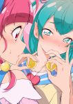 2girls blue_eyes blue_hair blush collarbone commentary_request ear_blush eyebrows_visible_through_hair hagoromo_lala heart highres hoshina_hikaru looking_at_another multiple_girls nose_blush pink_hair pointy_ears precure red_eyes short_hair star star-shaped_pupils star_twinkle_precure symbol-shaped_pupils tears yuri yuto_(dialique) 