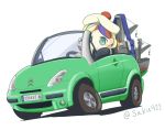  1girl beret blonde_hair blue_hair car check_commentary chibi citroen_c3 commandant_teste_(kantai_collection) commentary commentary_request crane driving ground_vehicle hat kantai_collection license_plate long_hair machinery motor_vehicle multicolored_hair partial_commentary pom_pom_(clothes) redhead sakusan simple_background solo streaked_hair twitter_username wavy_hair white_background white_hair 