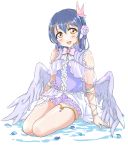  1girl absurdres angel_wings bangs bare_shoulders blue_hair blush butterfly_hair_ornament commentary_request dress eyebrows_visible_through_hair feathered_wings flower full_body hair_between_eyes hair_flower hair_ornament hairclip highres long_hair looking_at_viewer love_live! love_live!_school_idol_project microphone open_mouth shorts simple_background sitting smile solo sonoda_umi tetopetesone white_background wings x_hair_ornament yellow_eyes yokozuwari 