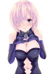  1girl bare_shoulders black_gloves blush breasts cleavage collarbone commentary_request elbow_gloves eyebrows_visible_through_hair eyes_visible_through_hair fate/grand_order fate_(series) gloves hair_over_one_eye hands_on_own_chest highres lavender_hair leotard looking_at_viewer mash_kyrielight medium_breasts multicolored multicolored_clothes multicolored_gloves navel purple_gloves roriwanko shiny shiny_skin short_hair simple_background smile solo upper_body violet_eyes white_background 