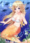  1girl :d animal bare_arms bare_shoulders bikini_top blush breasts brown_hair cleavage collarbone commentary_request day fish flower hand_up head_fins large_breasts long_hair mermaid misaki_(misaki86) monster_girl navel open_mouth original outdoors pink_flower scales smile solo underwater v very_long_hair violet_eyes water white_bikini_top 