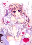  &gt;_&lt; 1girl blue_eyes blue_flower blush bow breasts brown_footwear brown_hair cat_hair_ornament cleavage closed_eyes closed_mouth commentary_request detached_sleeves dress dress_tug fang feathered_wings flower grey_bow hair_bow hair_flower hair_ornament heart heterochromia large_breasts long_hair original parted_lips puffy_short_sleeves puffy_sleeves red_eyes shiwasu_horio shoes short_sleeves skindentation smile solo strapless strapless_dress thigh-highs twintails very_long_hair white_bow white_dress white_legwear white_sleeves white_wings wings yellow_eyes 