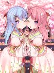  2girls ;) ;o bang_dream! bangs bikini blue_hair blurry blurry_background blush bow cheek-to-cheek cherry_blossoms commentary_request day depth_of_field dress fingernails floral_print flower hair_bow hair_flower hair_ornament hairclip hand_holding hands_up highres interlocked_fingers juliet_sleeves long_hair long_sleeves looking_at_viewer maruyama_aya matsubara_kanon multiple_girls one_eye_closed open_mouth outdoors petals pink_dress pink_flower pink_hair pleated_dress print_bikini puffy_sleeves shipii_(jigglypuff) smile swimsuit violet_eyes wide_sleeves 