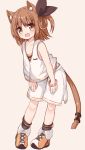  1girl :d animal_ear_fluff animal_ears bangs bare_shoulders black_legwear blush boots brown_background brown_eyes brown_footwear brown_hair brown_ribbon cat_ears cat_girl cat_tail eyebrows_visible_through_hair hair_between_eyes hair_ribbon hands_on_thighs leaning_forward long_hair looking_at_viewer one_side_up open_mouth original ribbon short_shorts shorts simple_background smile socks solo standing tail tail_ornament tank_top upper_teeth white_shorts white_tank_top yuuhagi_(amaretto-no-natsu) 