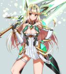  1girl bangs blonde_hair breasts cleavage cleavage_cutout commentary_request dress earrings elbow_gloves full_body gem gloves glowing grey_background hair_ornament headpiece highres mythra_(xenoblade) holding holding_sword holding_weapon jewelry large_breasts long_hair looking_at_viewer nakazou2000 nintendo simple_background smile solo swept_bangs sword tiara very_long_hair weapon white_dress xenoblade_(series) xenoblade_2 yellow_eyes 