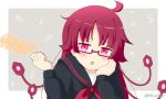  1girl bangs black_sailor_collar black_shirt blush chestnut_mouth eyebrows_visible_through_hair glasses grey_background hands_up holding kemurikusa kemurikusa_(object) long_hair long_sleeves miicha neckerchief parted_lips pink_eyes red-framed_eyewear red_neckwear redhead ryouku_(kemurikusa) sailor_collar semi-rimless_eyewear shirt solo twitter_username two-tone_background under-rim_eyewear upper_body white_background 