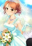  1girl alternate_hairstyle blue_dress blue_gloves blue_wedding_dress blush bouquet breasts bridal_veil brown_eyes cleavage collarbone commentary_request day dress earrings flower gloves hair_up highres holding holding_bouquet houjou_karen idolmaster idolmaster_cinderella_girls jewelry kazu medium_breasts necklace orange_hair outstretched_hand pov pov_hands short_hair smile solo_focus tears tiara veil wavy_hair 