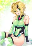  1girl akatsuki_kirika bare_shoulders blonde_hair blush breasts commentary_request covered_navel elbow_gloves eyebrows_visible_through_hair gloves green_eyes green_leotard hair_ornament highres leotard looking_at_viewer medium_breasts nagayori open_mouth senki_zesshou_symphogear shiny shiny_clothes shiny_hair shiny_skin short_hair skin_tight solo striped striped_legwear taut_clothes teeth thigh-highs x_hair_ornament 