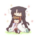  2girls :d animal_ear_fluff animal_ears azur_lane black_hair black_legwear braid cat_ears cat_girl cat_tail chibi closed_eyes detached_sleeves fang hair_ornament hakama hakama_skirt japanese_clothes kimono long_hair long_sleeves low_twintails lowres multiple_girls mutsu_(azur_lane) no_shoes ooshio_(azur_lane) open_mouth red_hakama ribbon-trimmed_sleeves ribbon_trim sakurato_ototo_shizuku seiza sitting sitting_on_lap sitting_on_person sleeveless sleeveless_kimono smile tail thigh-highs twin_braids twintails very_long_hair white_background white_kimono wide_sleeves |_| 