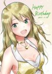  1girl 2017 :d ahoge blonde_hair breasts choker cleavage collarbone dated eyebrows_visible_through_hair gradient gradient_background green_eyes grey_background hair_between_eyes happy_birthday heart heart_necklace highres hoshii_miki idolmaster idolmaster_(classic) jewelry long_hair looking_at_viewer medium_breasts mogskg necklace open_mouth shiny shiny_hair sleeves smile solo straight_hair upper_body white_background 