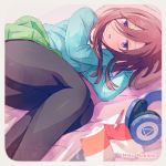  1girl asou_(asabu202) black_legwear blush book character_name go-toubun_no_hanayome green_skirt headphones headphones_removed highres long_hair looking_at_viewer lying on_side open_mouth pantyhose pencil redhead school_uniform skirt solo violet_eyes 