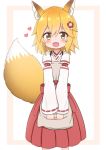  1girl :d animal_ear_fluff animal_ears apron bangs blonde_hair blush brown_apron brown_background brown_eyes commentary_request cowboy_shot eyebrows_visible_through_hair fang flower fox_ears fox_girl fox_tail hair_between_eyes hair_flower hair_ornament hakama heart highres japanese_clothes jiu_(sdesd3205) kimono long_sleeves open_mouth red_flower red_hakama ribbon-trimmed_sleeves ribbon_trim senko_(sewayaki_kitsune_no_senko-san) sewayaki_kitsune_no_senko-san sleeves_past_wrists smile solo tail tail_raised two-tone_background white_background white_kimono wide_sleeves 