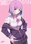  1girl :p absurdres artist_name black_legwear blush breasts copyright_name hands_on_hips highres hood hoodie medium_breasts outline pantyhose pink_background purple_hair purple_hoodie shinjou_akane short_hair smile solo ssss.gridman tegar32 tongue tongue_out violet_eyes white_outline 